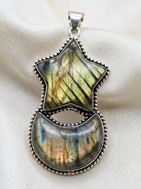 Labradorite Star Crescent Pendant Silver Tone Blue Gold Flash 3"